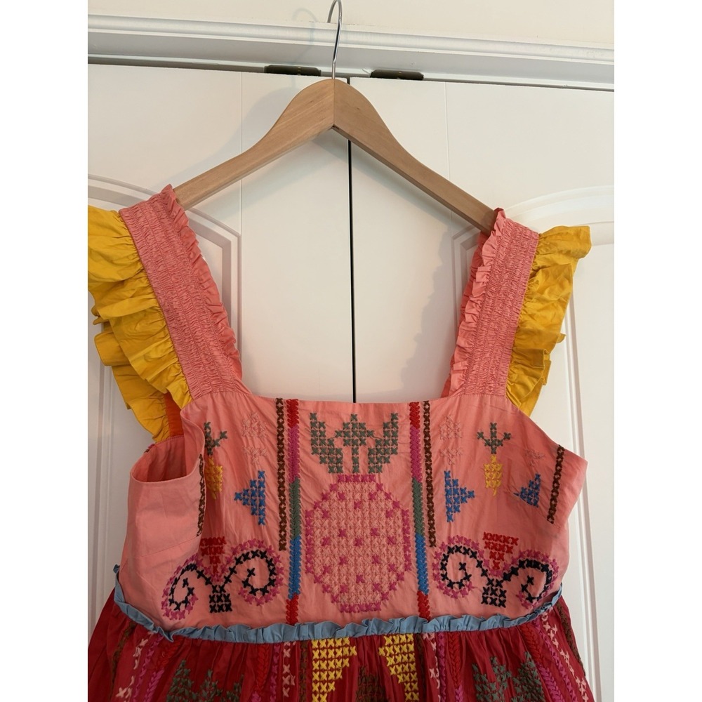 Farm Rio Embroidered Multicolor Block Cross-Stitch Tiered Cotton Minidress Sz M - Picture 4 of 14